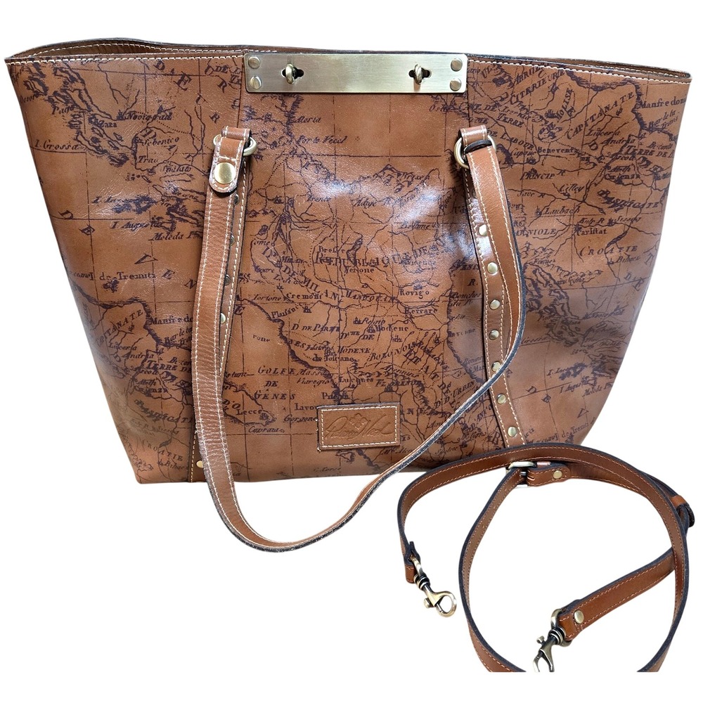 Women's Patricia Nash Benvenuto Italy Leather Tote Map Print‎ Crossbody Bag Tan